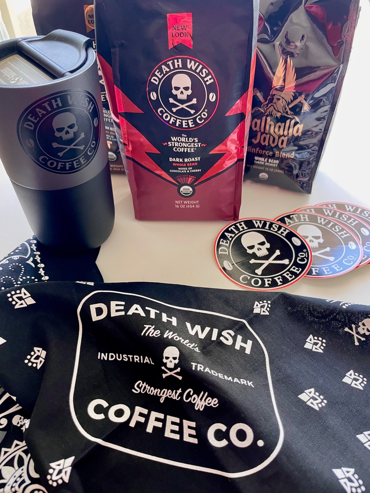 Bags of coffee beans and related gear.